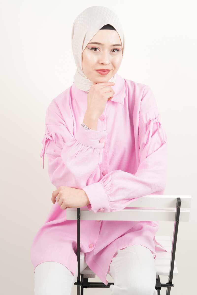 Bayan Gömlek Zincir Kolyeli Rahat Kesim Gömlek Pembe - 2