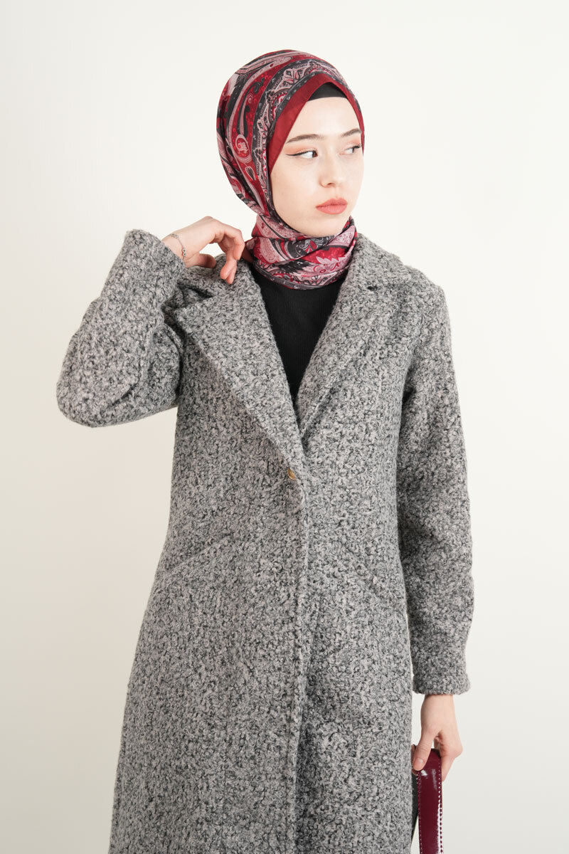 Bayan Kaban Tek Düğme Teddy Kaban Gri - 4