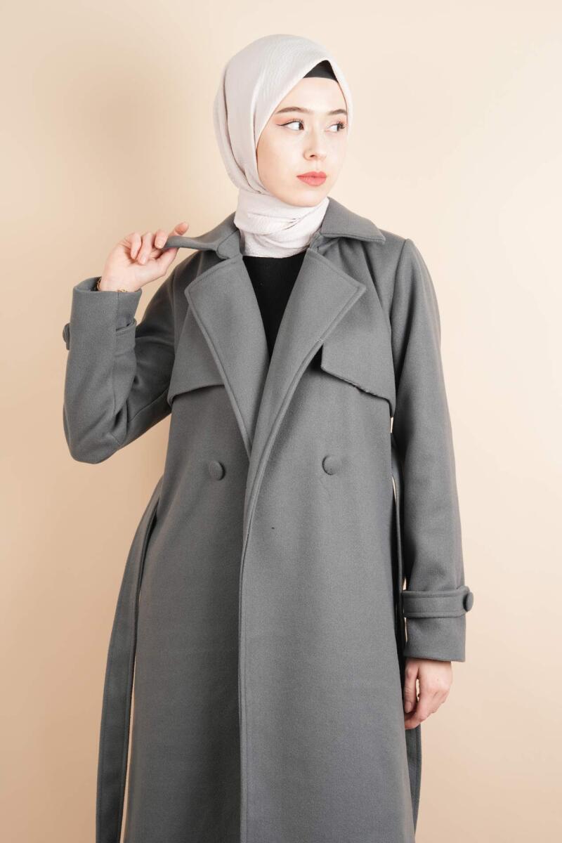 Bayan Kaşe Winter Koleksiyon Düğmeli Tesettür Kaşe Gri - 4