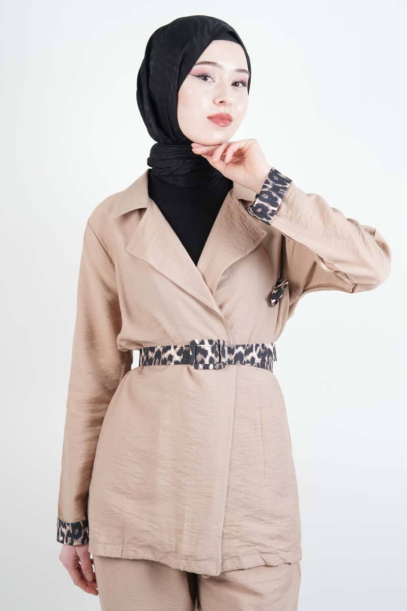Bayan Keten 2 Li Takım Leopar Detaylı Takım Bej - 2