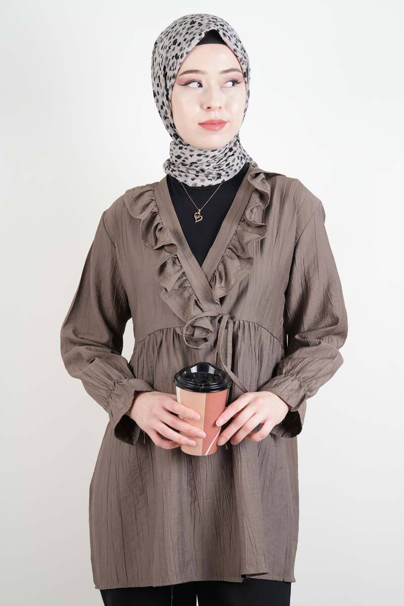 Bayan Kimono Ceket Ön V Fırfırlı Çilek Ceket Açık Kahverengi - 1