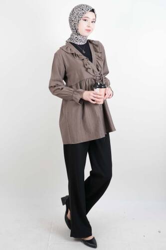 Bayan Kimono Ceket Ön V Fırfırlı Çilek Ceket Açık Kahverengi - 2