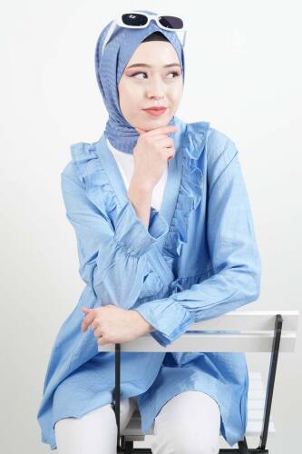Bayan Kimono Ceket Ön V Fırfırlı Çilek Ceket Açık Mavi 