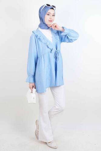Bayan Kimono Ceket Ön V Fırfırlı Çilek Ceket Açık Mavi - 2