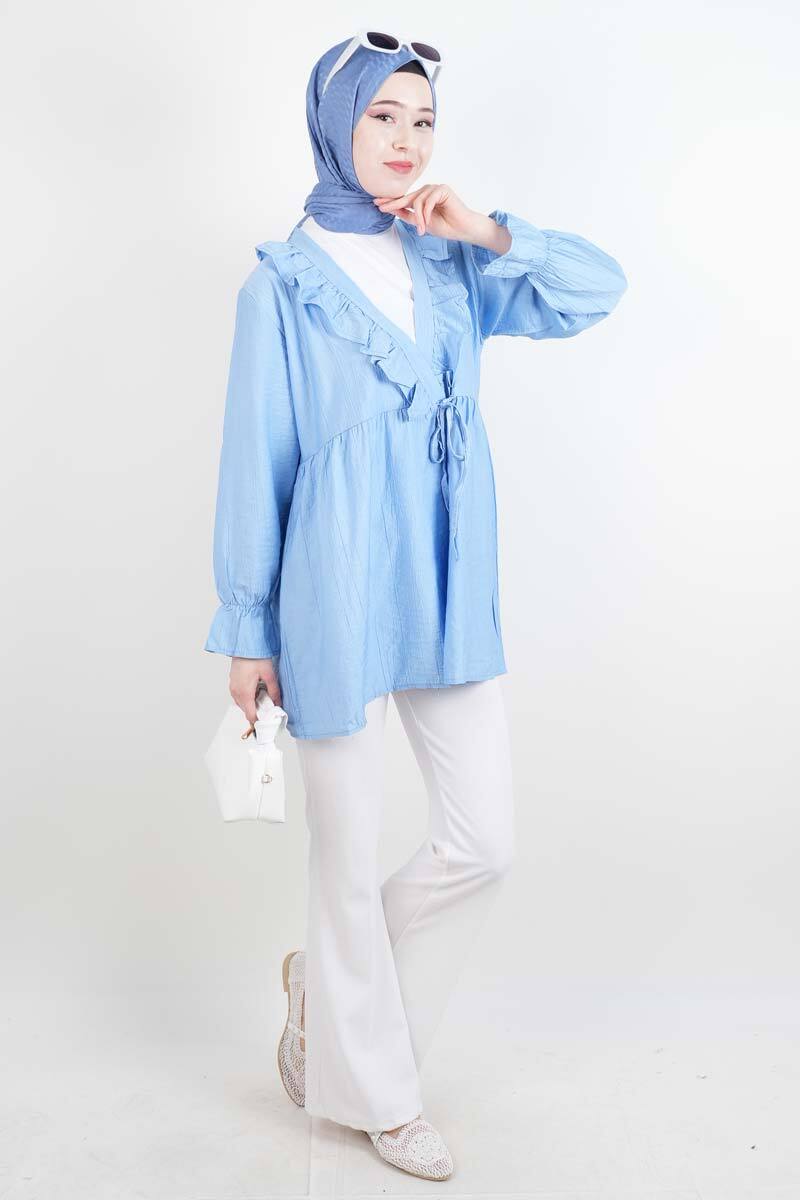 Bayan Kimono Ceket Ön V Fırfırlı Çilek Ceket Açık Mavi - 2