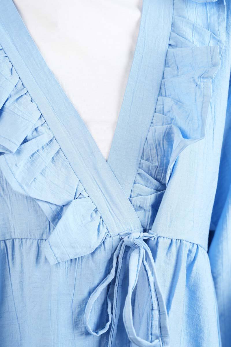 Bayan Kimono Ceket Ön V Fırfırlı Çilek Ceket Açık Mavi - 4