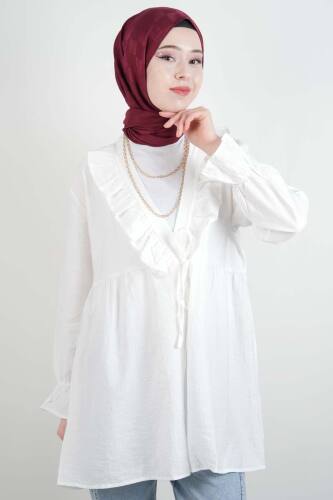 Bayan Kimono Ceket Ön V Fırfırlı Çilek Ceket Beyaz 