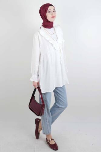 Bayan Kimono Ceket Ön V Fırfırlı Çilek Ceket Beyaz - 2