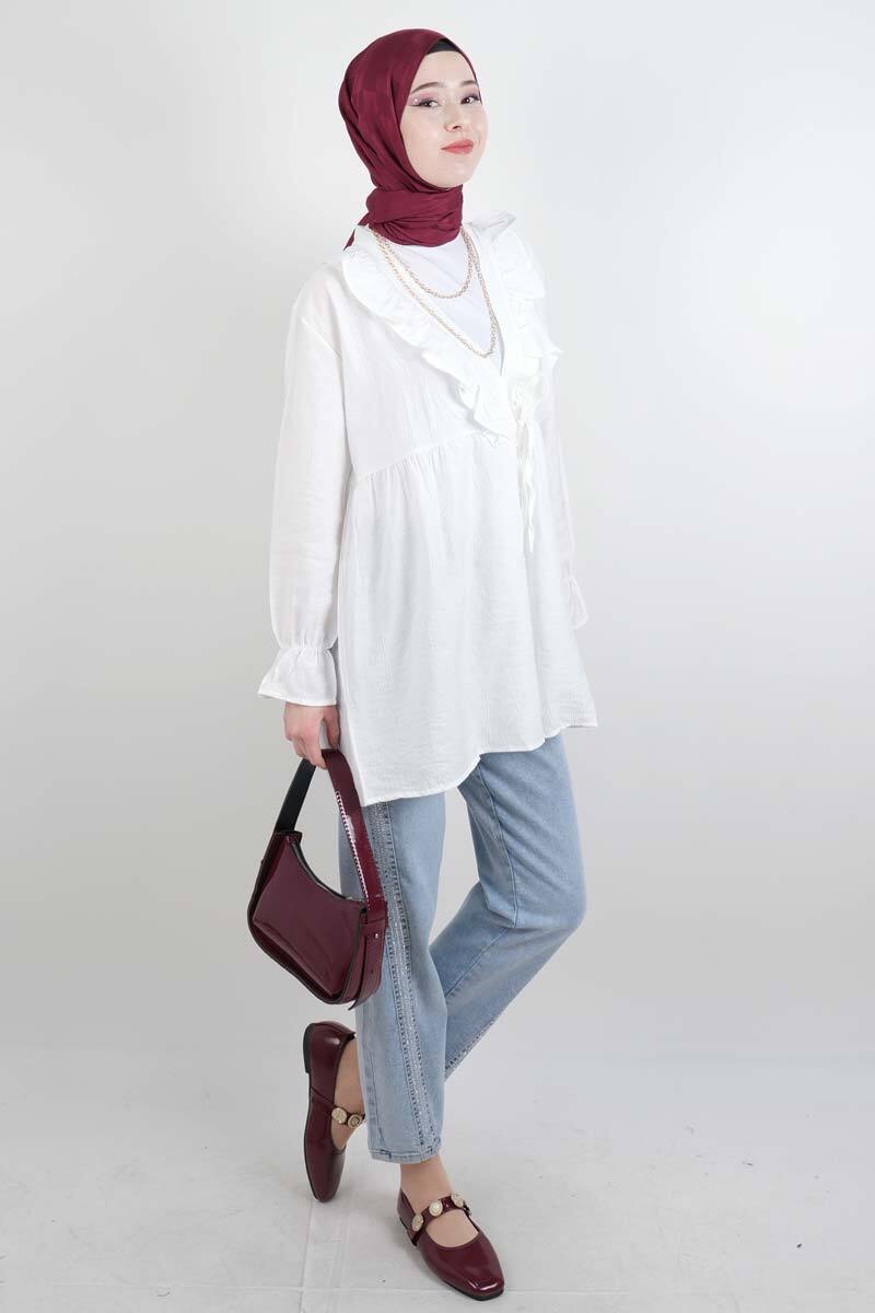Bayan Kimono Ceket Ön V Fırfırlı Çilek Ceket Beyaz - 2