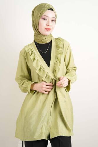 Bayan Kimono Ceket Ön V Fırfırlı Çilek Ceket Fıstık Yeşili 