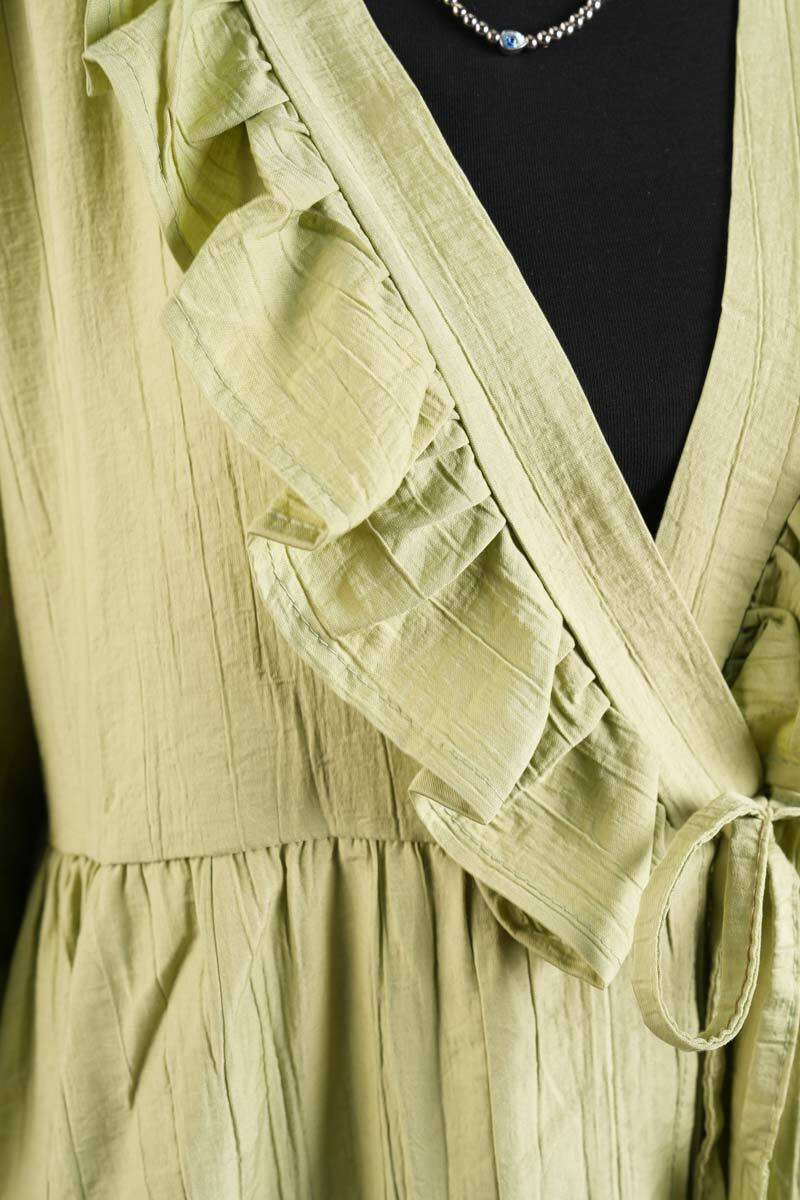 Bayan Kimono Ceket Ön V Fırfırlı Çilek Ceket Fıstık Yeşili - 4