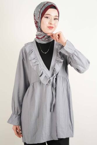 Bayan Kimono Ceket Ön V Fırfırlı Çilek Ceket Gri 