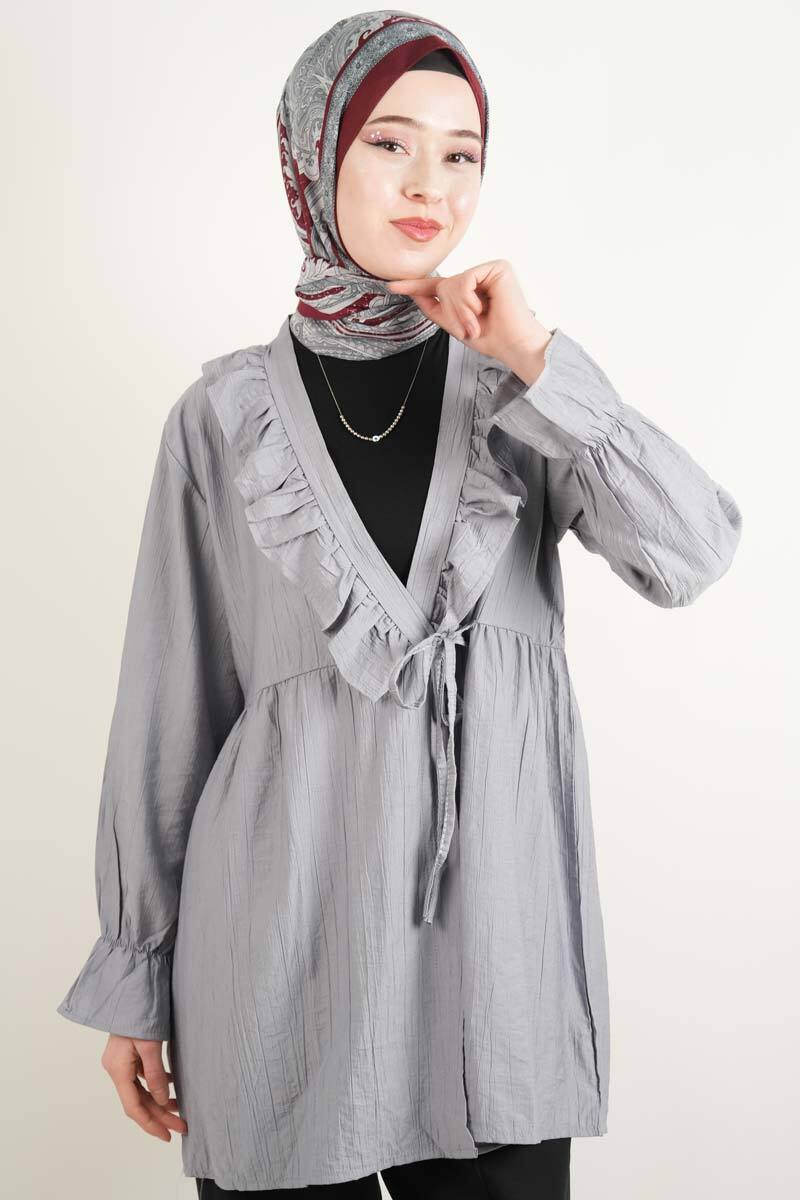 Bayan Kimono Ceket Ön V Fırfırlı Çilek Ceket Gri - 1