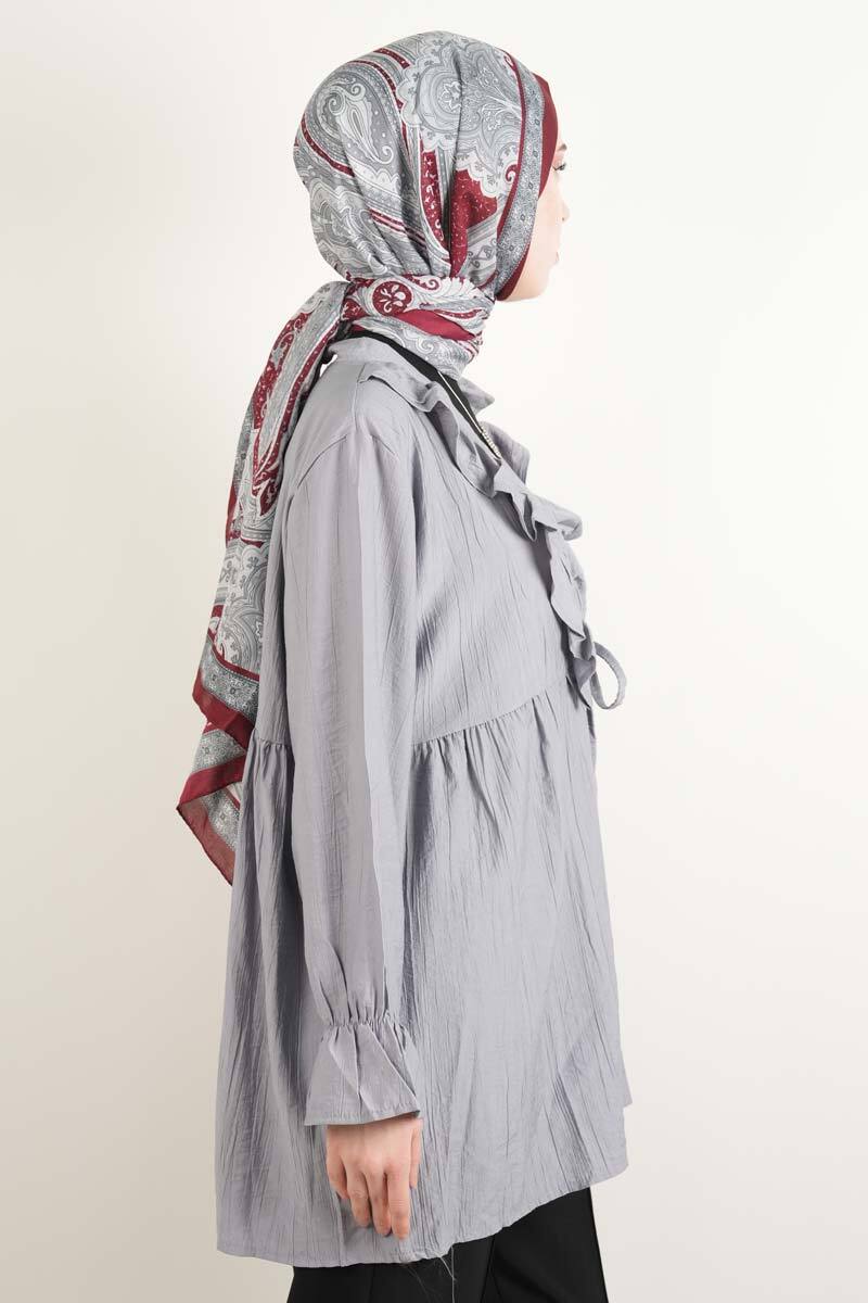 Bayan Kimono Ceket Ön V Fırfırlı Çilek Ceket Gri - 3
