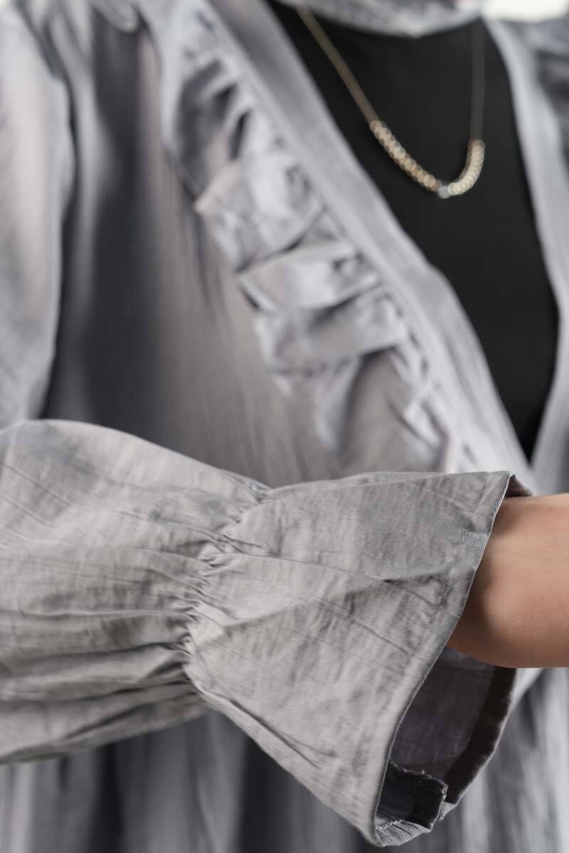 Bayan Kimono Ceket Ön V Fırfırlı Çilek Ceket Gri - 4