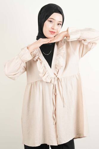 Bayan Kimono Ceket Ön V Fırfırlı Çilek Ceket Krem 