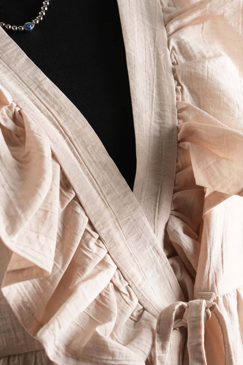 Bayan Kimono Ceket Ön V Fırfırlı Çilek Ceket Krem - 3