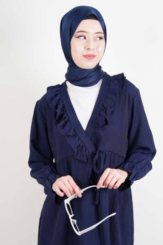 Bayan Kimono Ceket Ön V Fırfırlı Çilek Ceket Lacivert 