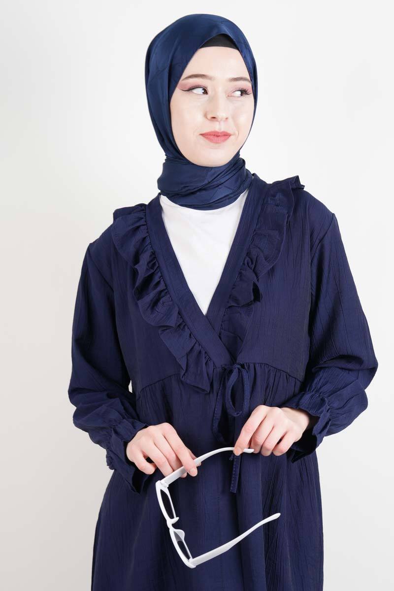 Bayan Kimono Ceket Ön V Fırfırlı Çilek Ceket Lacivert - 1