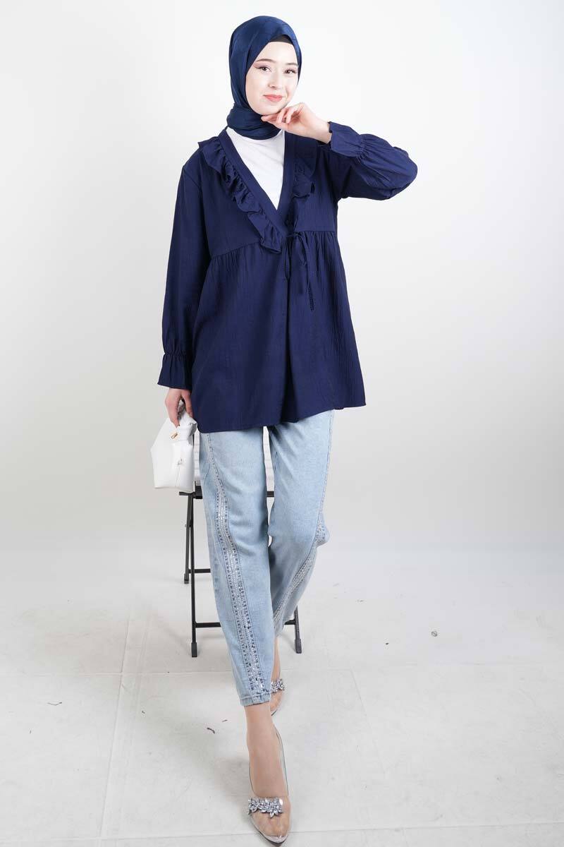 Bayan Kimono Ceket Ön V Fırfırlı Çilek Ceket Lacivert - 2