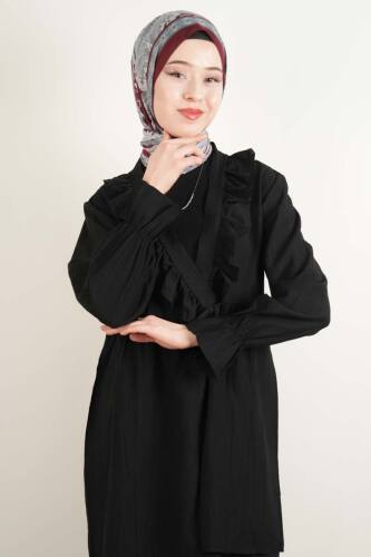 Bayan Kimono Ceket Ön V Fırfırlı Çilek Ceket Siyah 