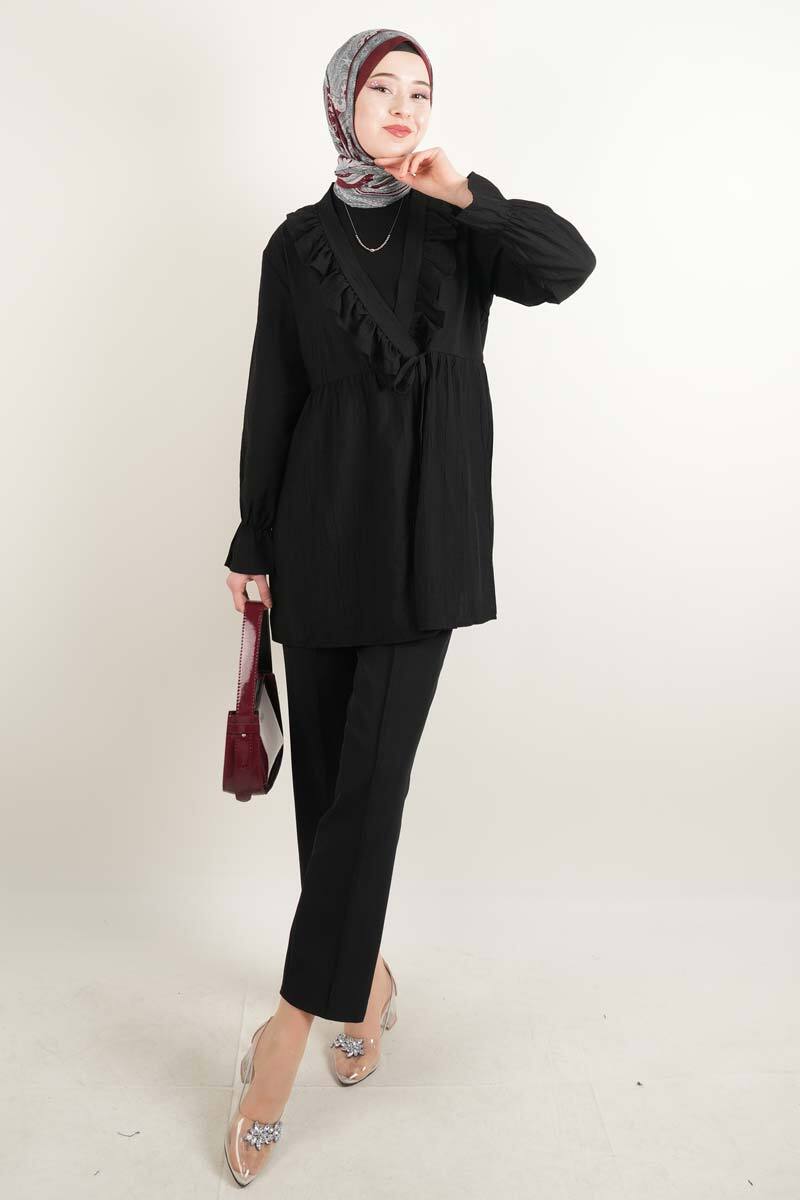 Bayan Kimono Ceket Ön V Fırfırlı Çilek Ceket Siyah - 2