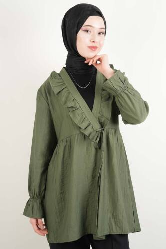 Bayan Kimono Ceket Ön V Fırfırlı Çilek Ceket Yeşil 