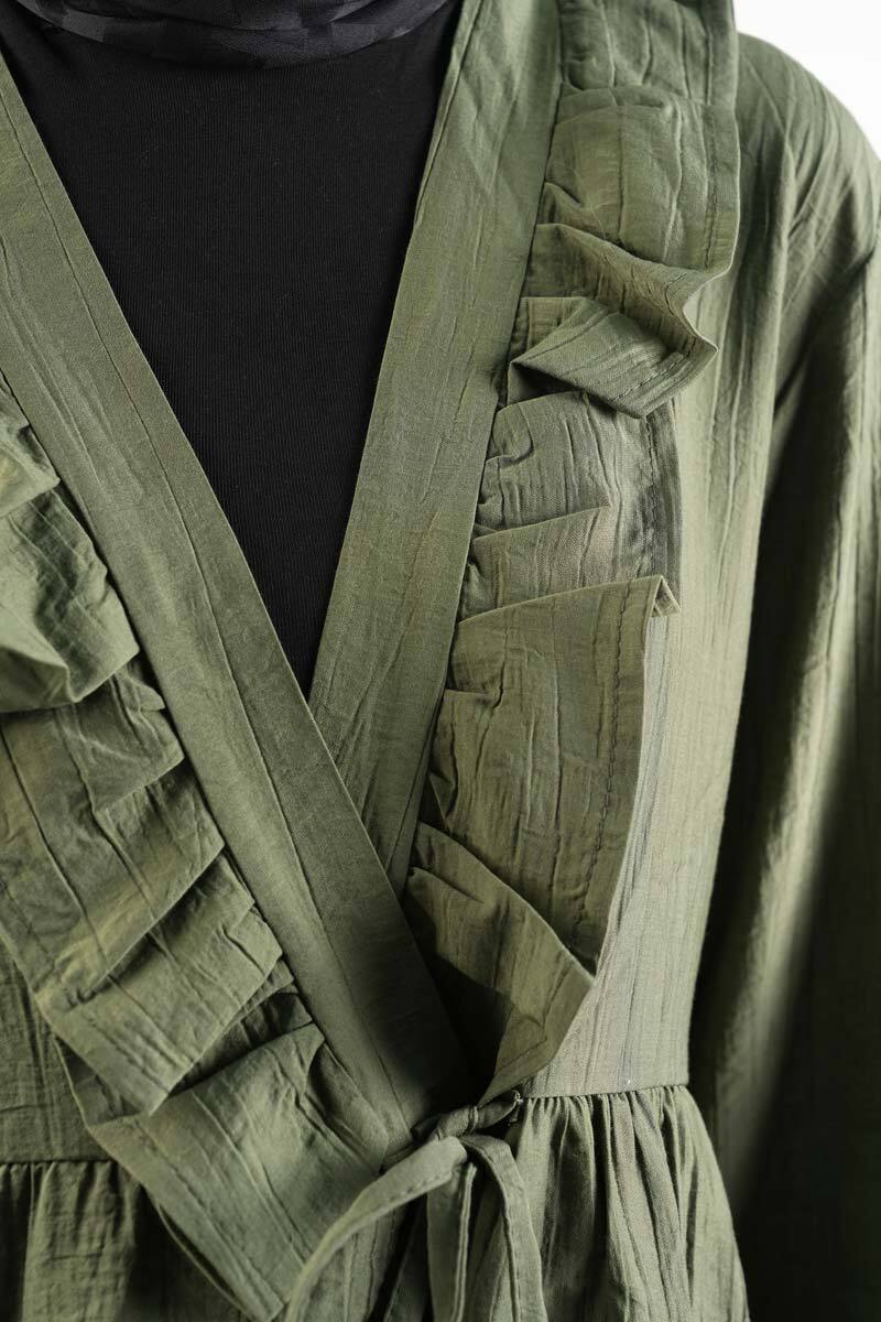 Bayan Kimono Ceket Ön V Fırfırlı Çilek Ceket Yeşil - 3