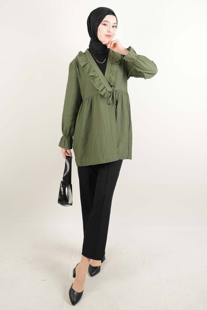 Bayan Kimono Ceket Ön V Fırfırlı Çilek Ceket Yeşil - 4