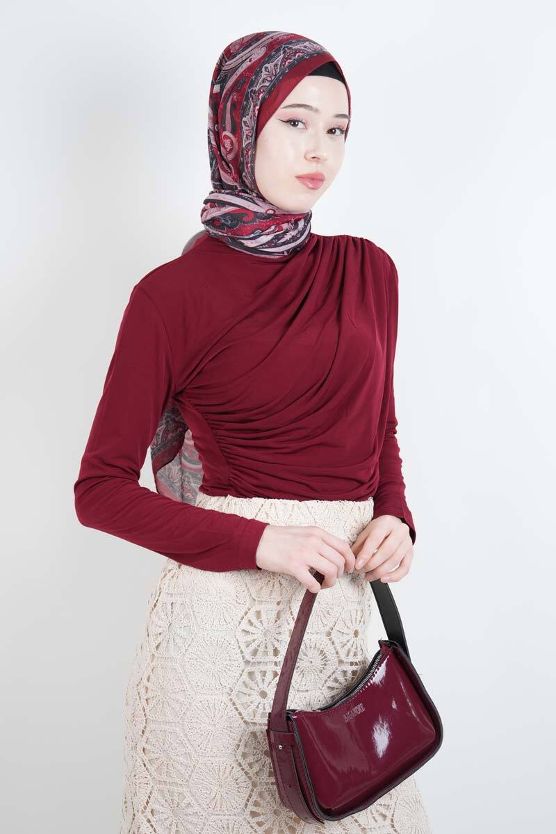 Bayan Kısa Bluz Sandy Bluz Bordo - 1