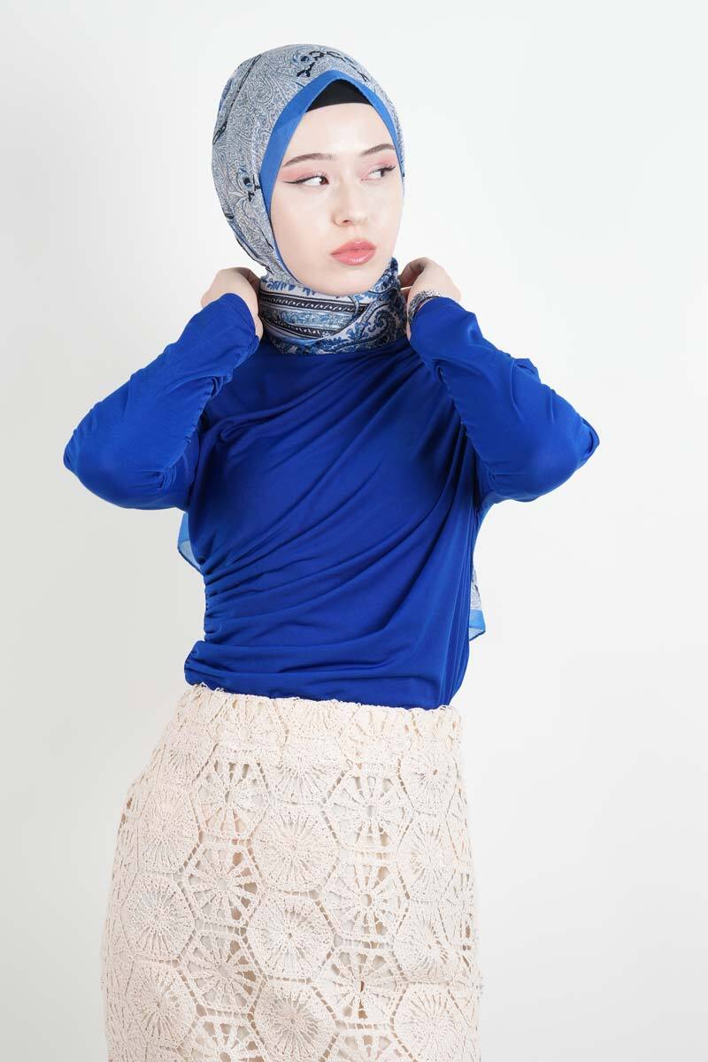 Bayan Kısa Bluz Sandy Bluz Saks Mavisi - 1