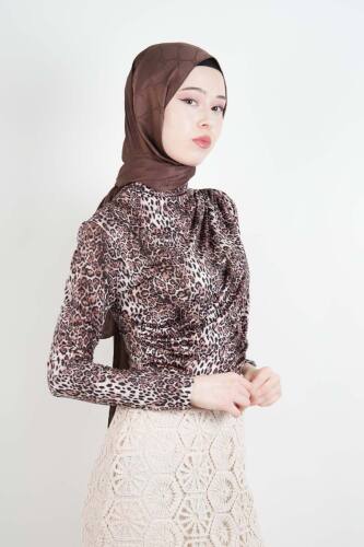 Bayan Kısa Leopar Desenli Sandy Bluz Kahverengi - 03Kız Kulesi Teks (1)