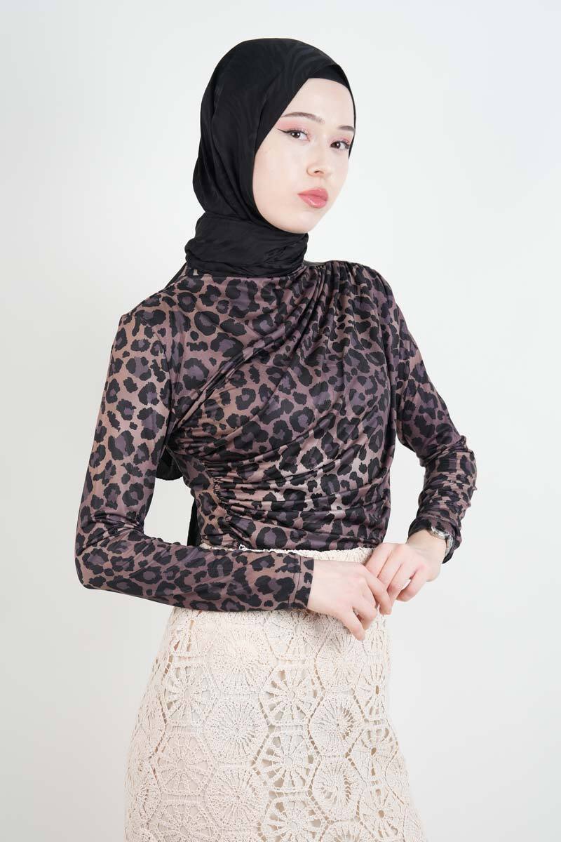 Bayan Kısa Leopar Desenli Sandy Bluz Siyah - 2