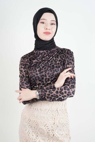 Bayan Kısa Leopar Desenli Sandy Bluz Siyah - 03Kız Kulesi Teks