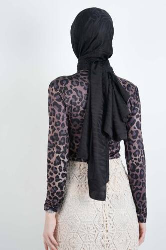 Bayan Kısa Leopar Desenli Sandy Bluz Siyah - 3