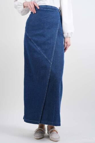 Bayan Kot Etek Ön Çapraz Yandan Bağlamalı Etek Mavi - 03Kız Kulesi Teks