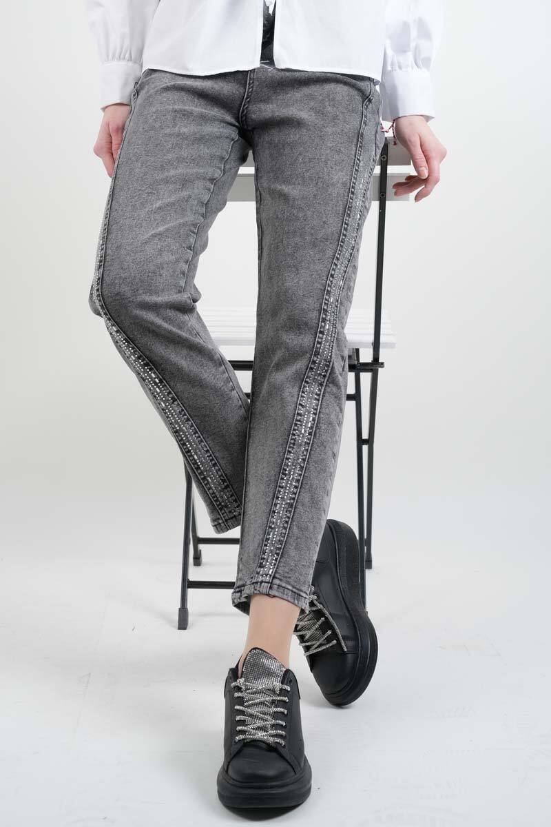 Bayan Kot Pantolon Baget Taşlı Denim Pantolon Açık Gri - 1