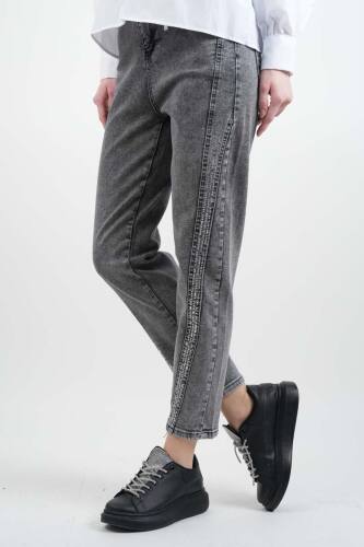 Bayan Kot Pantolon Baget Taşlı Denim Pantolon Açık Gri - 2