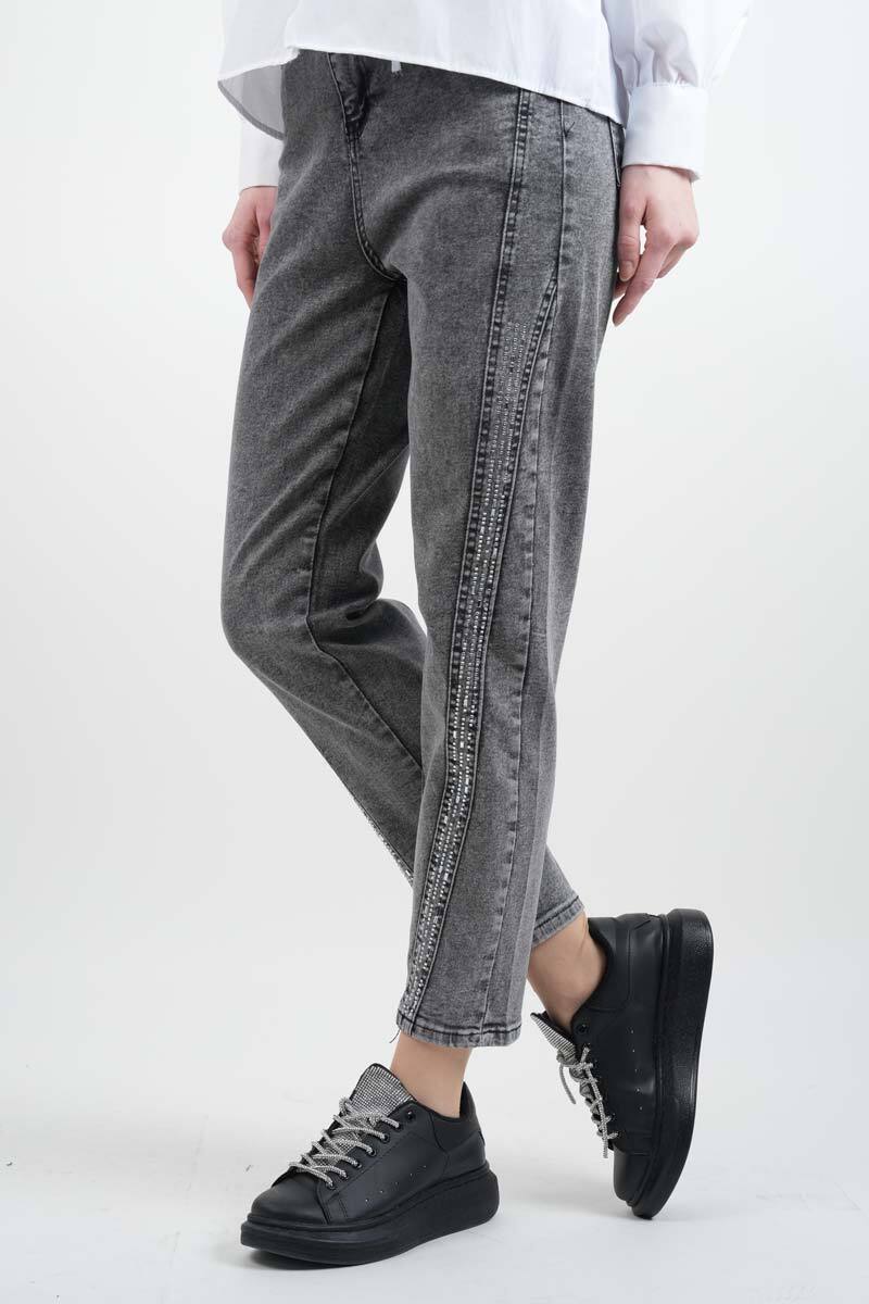 Bayan Kot Pantolon Baget Taşlı Denim Pantolon Açık Gri - 2