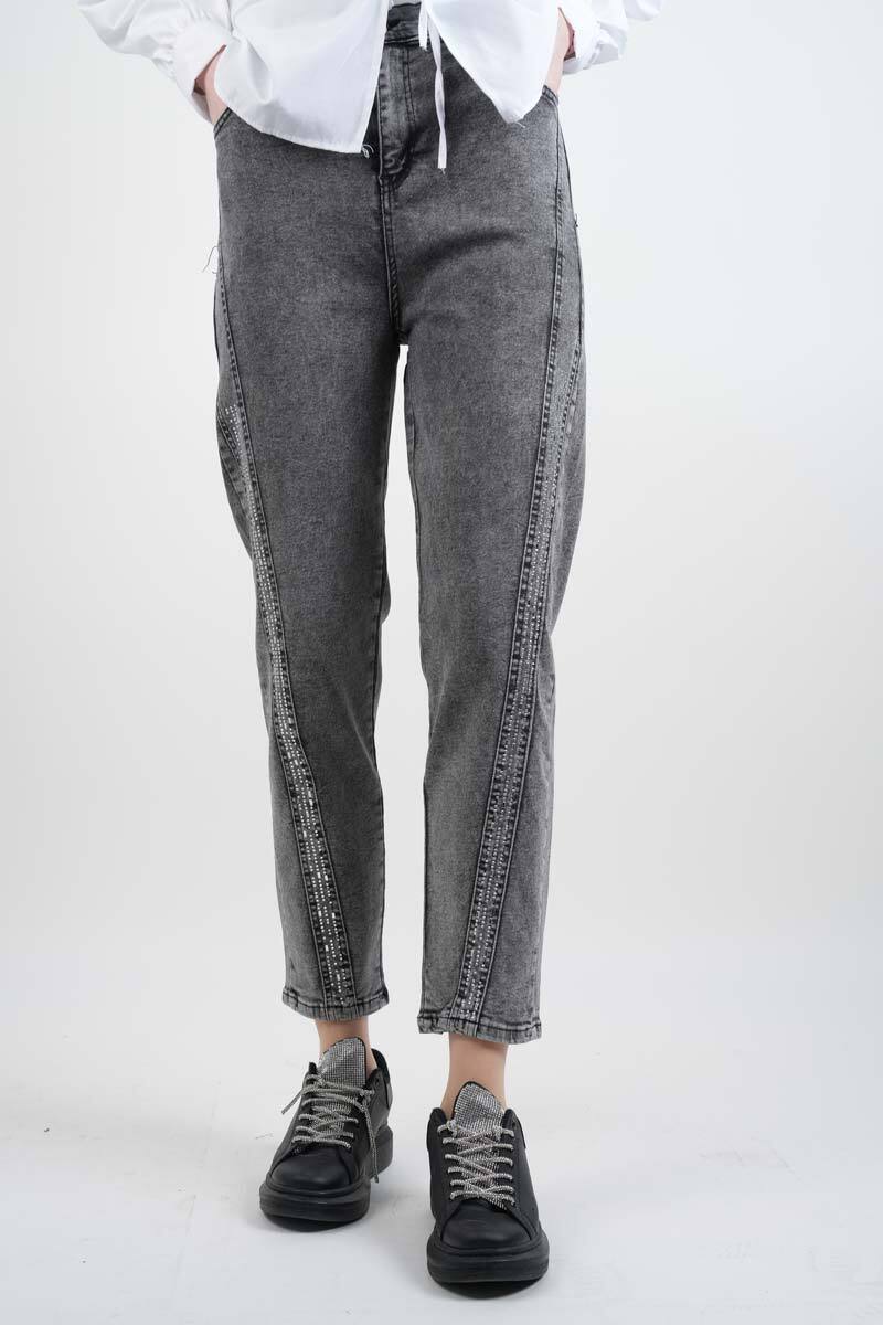 Bayan Kot Pantolon Baget Taşlı Denim Pantolon Açık Gri - 3