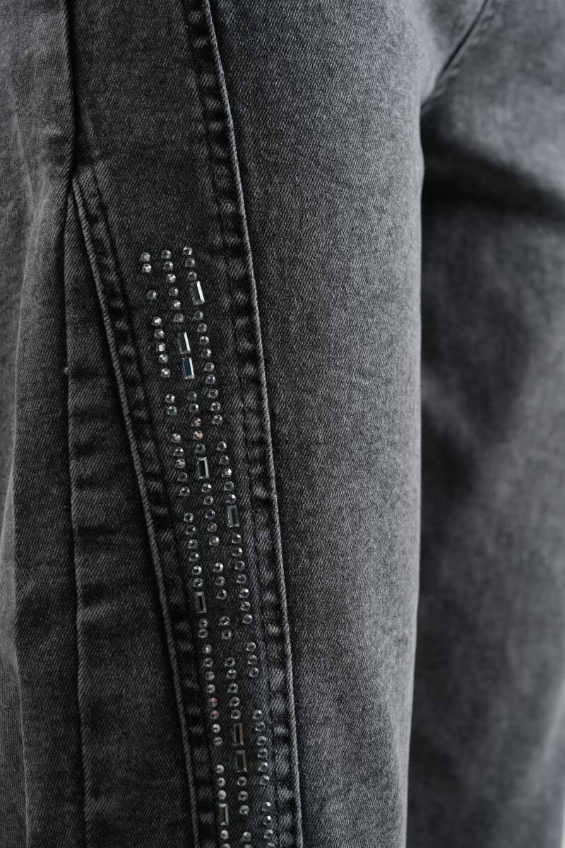 Bayan Kot Pantolon Baget Taşlı Denim Pantolon Açık Gri - 4