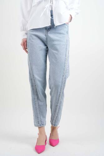 Bayan Kot Pantolon Baget Taşlı Denim Pantolon Açık Mavi 