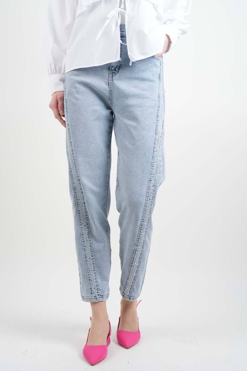 Bayan Kot Pantolon Baget Taşlı Denim Pantolon Açık Mavi - 1