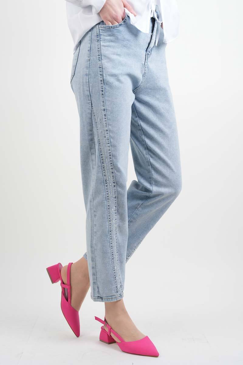 Bayan Kot Pantolon Baget Taşlı Denim Pantolon Açık Mavi - 2