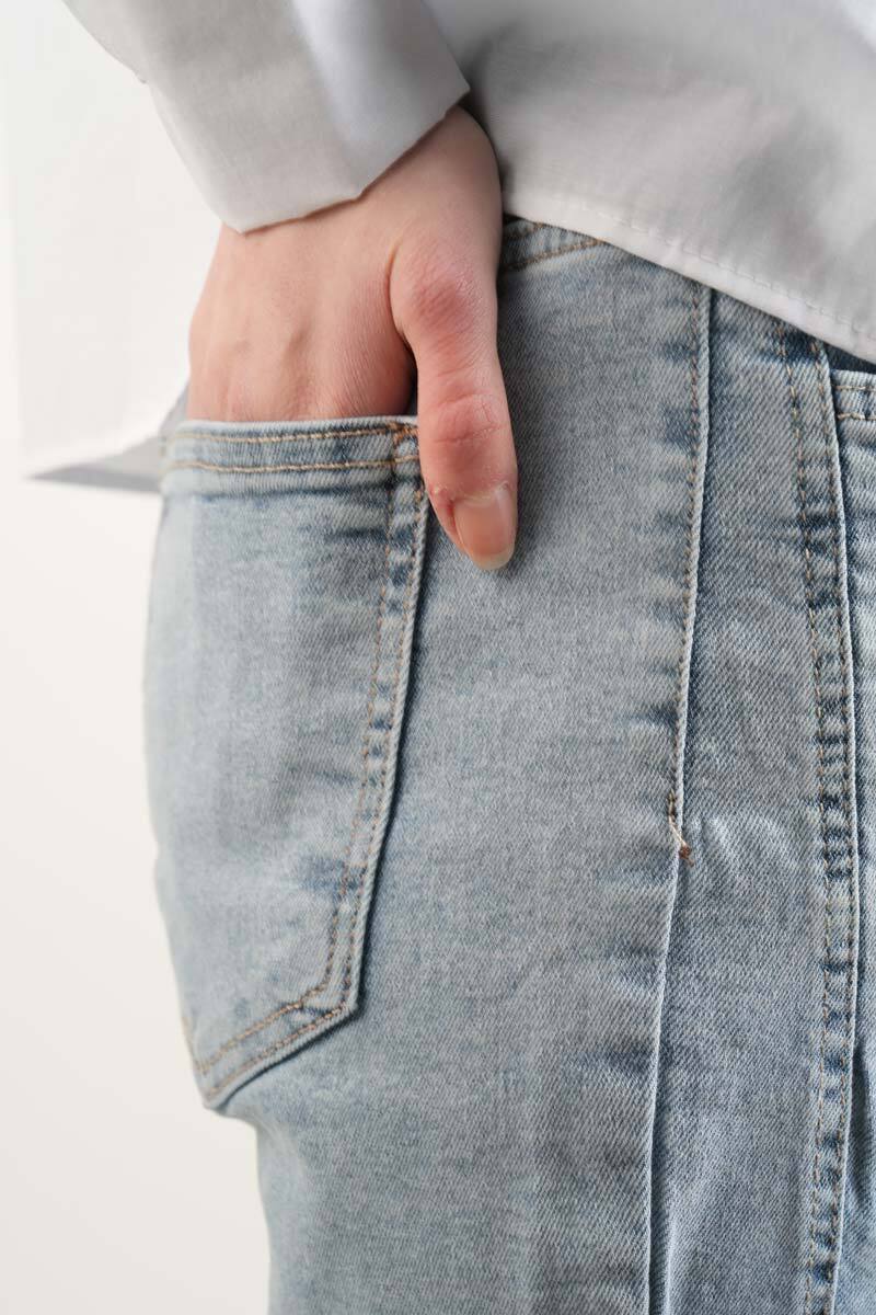 Bayan Kot Pantolon Baget Taşlı Denim Pantolon Açık Mavi - 3