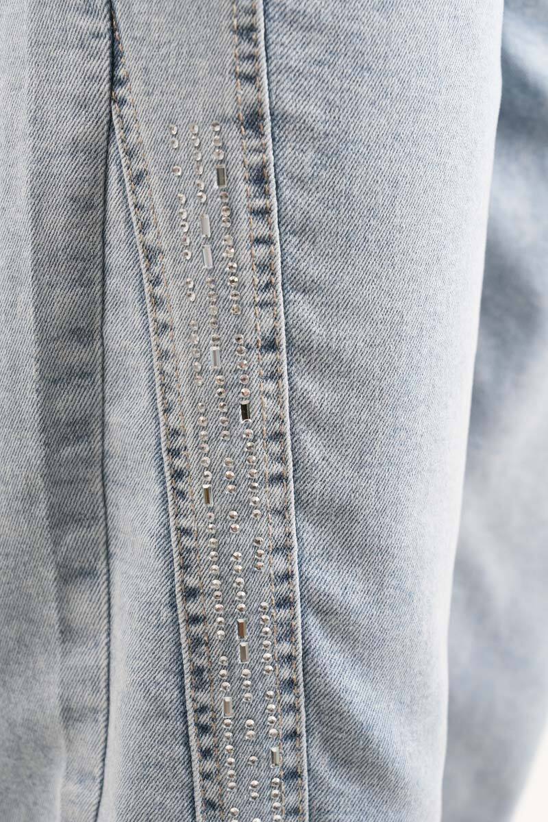 Bayan Kot Pantolon Baget Taşlı Denim Pantolon Açık Mavi - 4