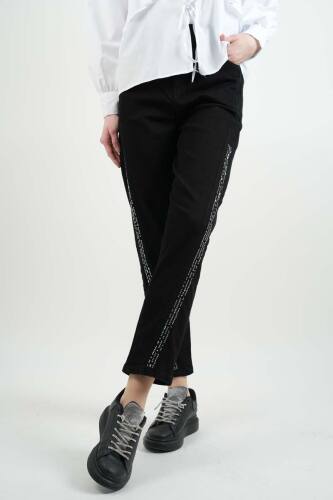 Bayan Kot Pantolon Baget Taşlı Denim Pantolon Siyah - 1