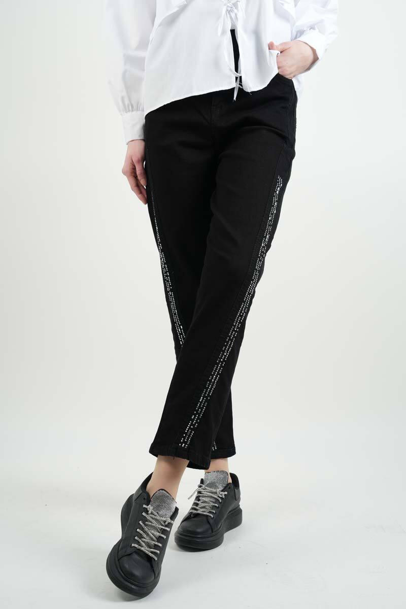 Bayan Kot Pantolon Baget Taşlı Denim Pantolon Siyah - 1