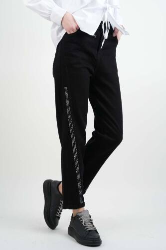 Bayan Kot Pantolon Baget Taşlı Denim Pantolon Siyah - 2