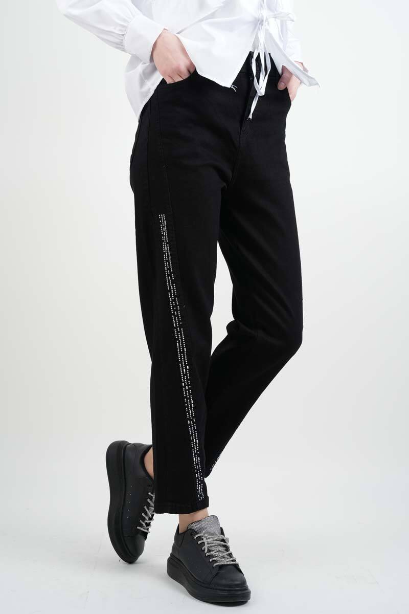 Bayan Kot Pantolon Baget Taşlı Denim Pantolon Siyah - 2